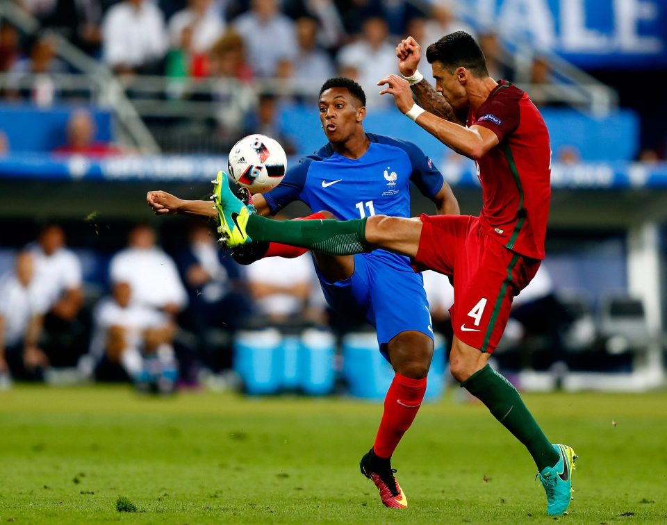 Martial tussles with Jose Fonte in his 10 minutes on the pitch as France lost 1-0
