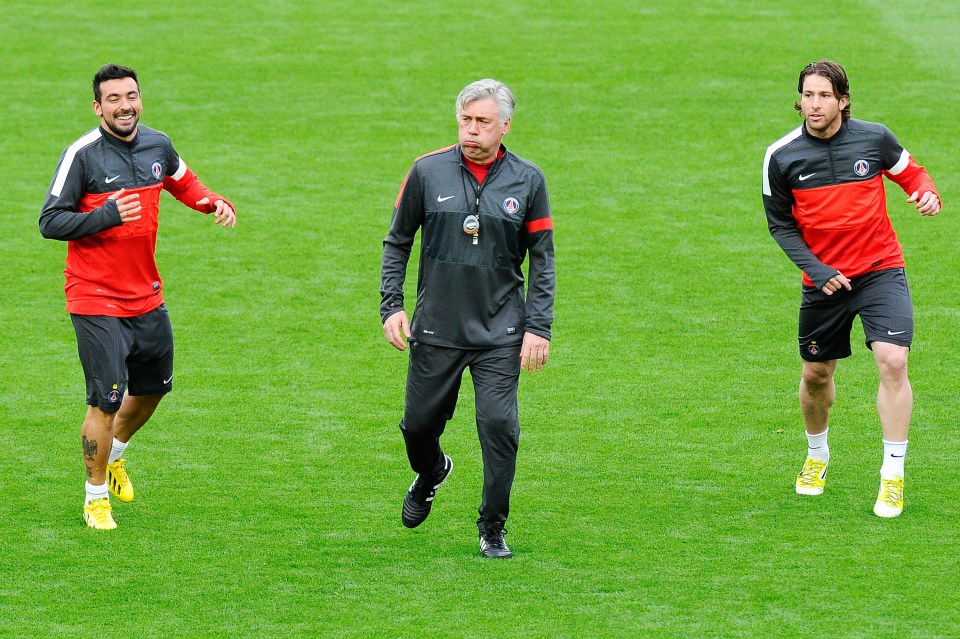 BARCELONA, SPAIN - APRIL 09: Head coach Carlo Ancelotti (C) of Paris Saint-Germain warms up with Ezequiel Lavezzi (L) and Maxwell of Paris Saint-Germain during a training session ahead the UEFA Champions League quarter-final second leg match between FC Barcelona and Paris St Germain at the Joan Gamper Sport Complex on April 9, 2013 in Barcelona, Spain. (Photo by David Ramos/Getty Images)