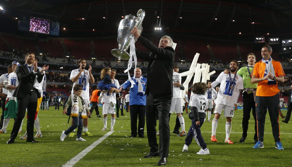 MADRID, SPAIN - MAY 24: Carlo Ancelotti of Real Madrid lifts the Champions League trophy during the UEFA Champions League Final between Real Madrid and Atletico de Madrid at Estadio da Luz on May 24, 2014 in Lisbon, Portugal. (Photo by Helios de la Rubia/Real Madrid via Getty Images)