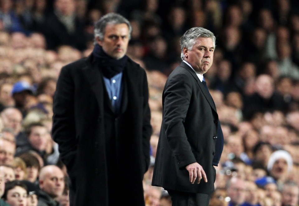 LONDON, ENGLAND - MARCH 16: Carlo Ancelotti, Manager of Chelsea looks on with Jose Mourinho, Coach of Inter Milan during the UEFA Champions League Round of 16 second leg match between Chelsea and Inter Milan at Stamford Bridge on March 16, 2010 in London, England. (Photo by Phil Cole/Getty Images)