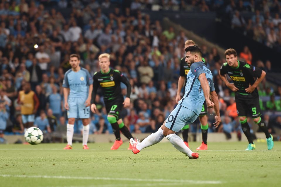 Aguero slots home his first half penalty after Ilkay Gundogan was fouled