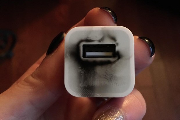 This image of a charred-looking charger was provided with the court documents, along with a claim it was bought on Amazon