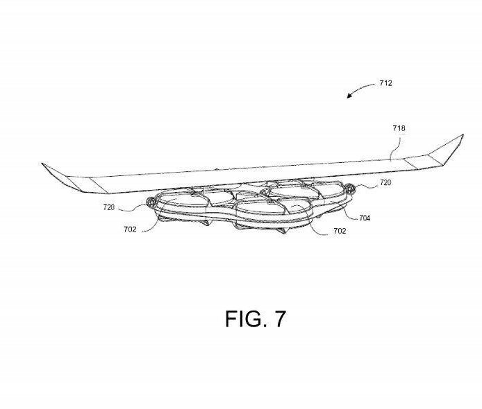  This image depicts one of the flying drones Amazon's blimp would carry through the skies
