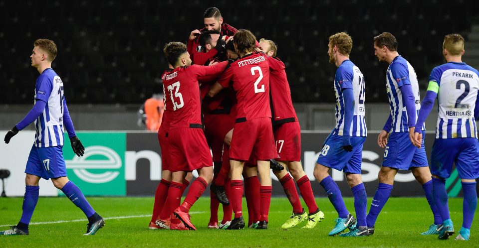  Ostersunds players celebrate victory over Hertha Berlin