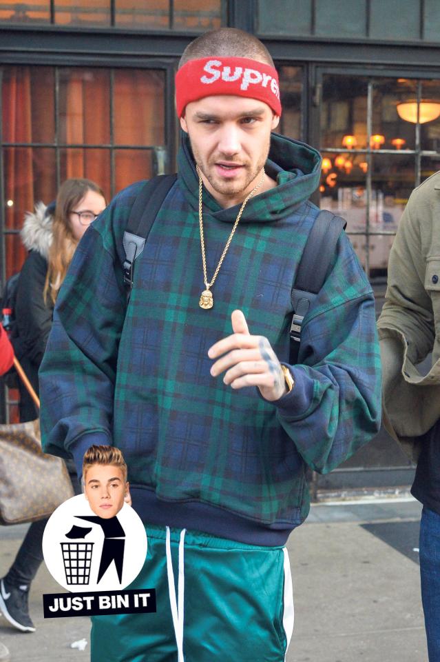 Liam's decision to pair  a  Supreme headband with a checked hoodie, trackie bottoms and  gold chain have made Liam the first celebrity to steal my Just Bin It stamp from the teen favourite Justin