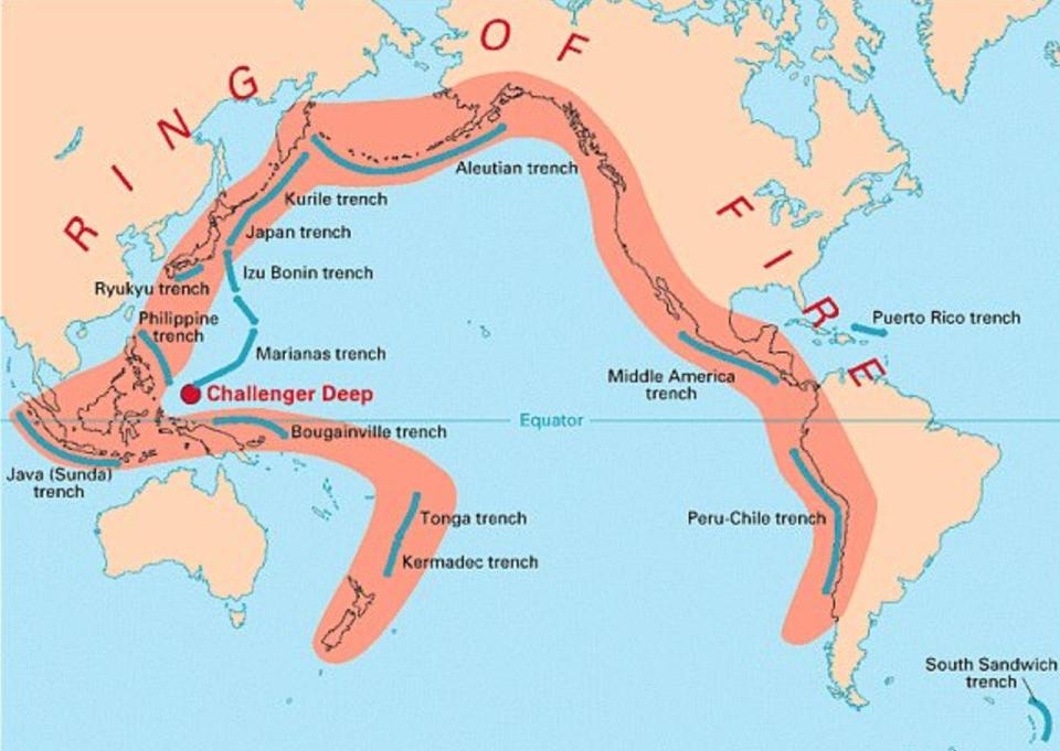  A map of the Pacific Ring of Fire where volcanic and earthquake activity has been record in recent weeks