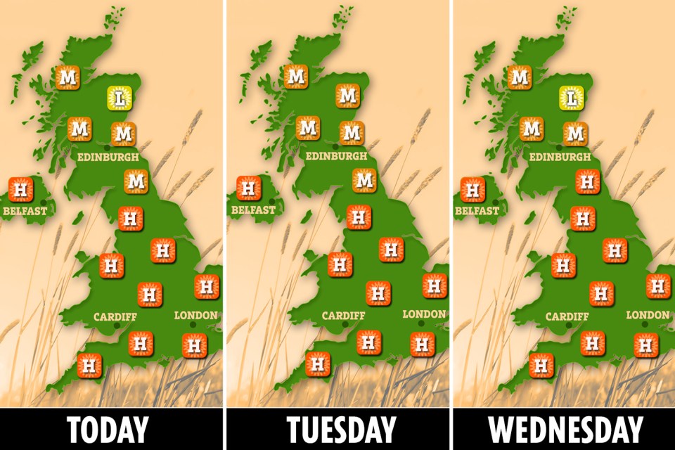 Pollen count is high across most of the UK this week, peaking tomorrow