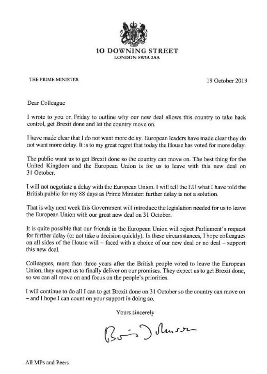  Boris Johnson also wrote to MPs on Saturday
