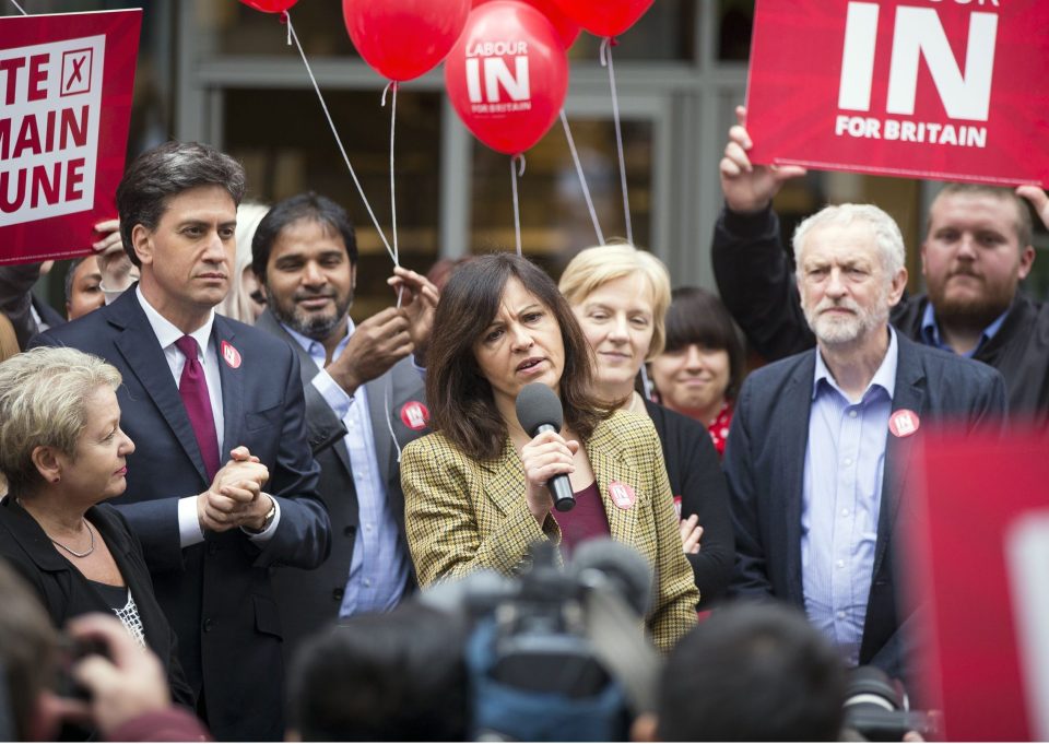 Ed Miliband and Caroline Flint with their leader Jeremy Corbyn campaigning for Britain to remain in the EU in 2016