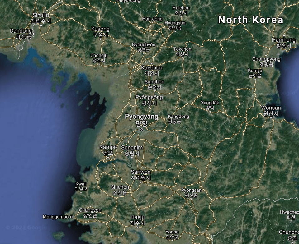 A section to the left of North Korea is blurred on Google Maps