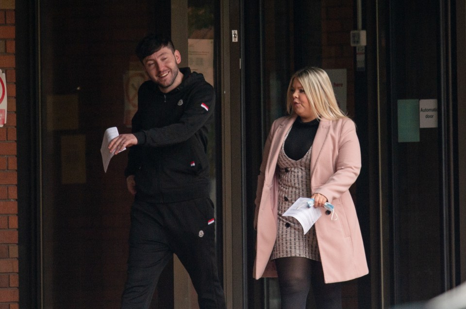 Sinead and Andrew Robinson pictured outside Stockport Magistrates Court after wreaking havoc on a Ryanair flight
