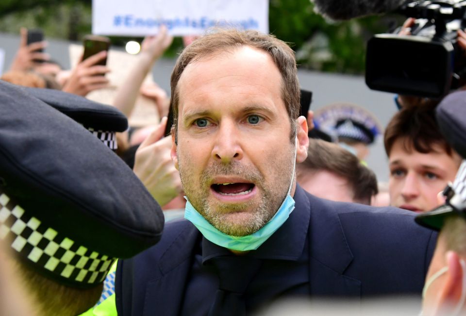 Petr Cech begged Chelsea fans to stop blocking the road at a European Super League protest outside Stamford Bridge