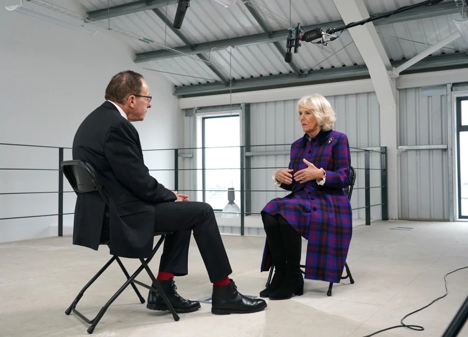 Camilla speaks with author Peter James in Brighton, East Sussex, in November 2021