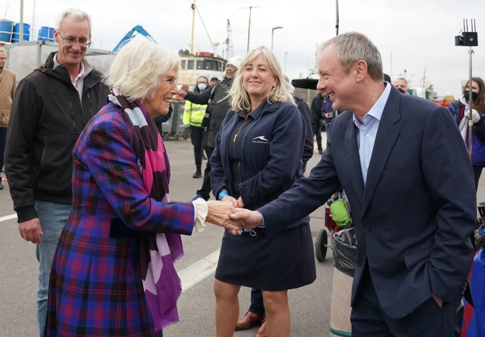 The Duchess of Cornwall meets actor John Simm during her visit to the set of ITV's Grace