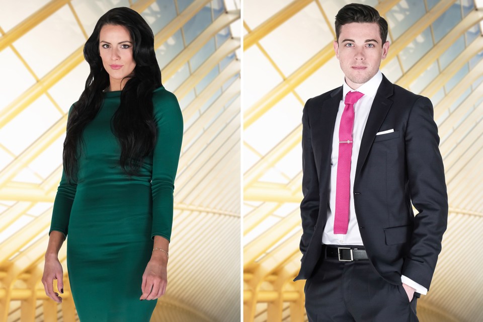 Portrait of a woman in a green dress and a man in a suit.