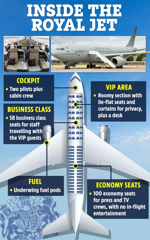 The jet is split into three sections - one for VIPs plus two passenger seating areas