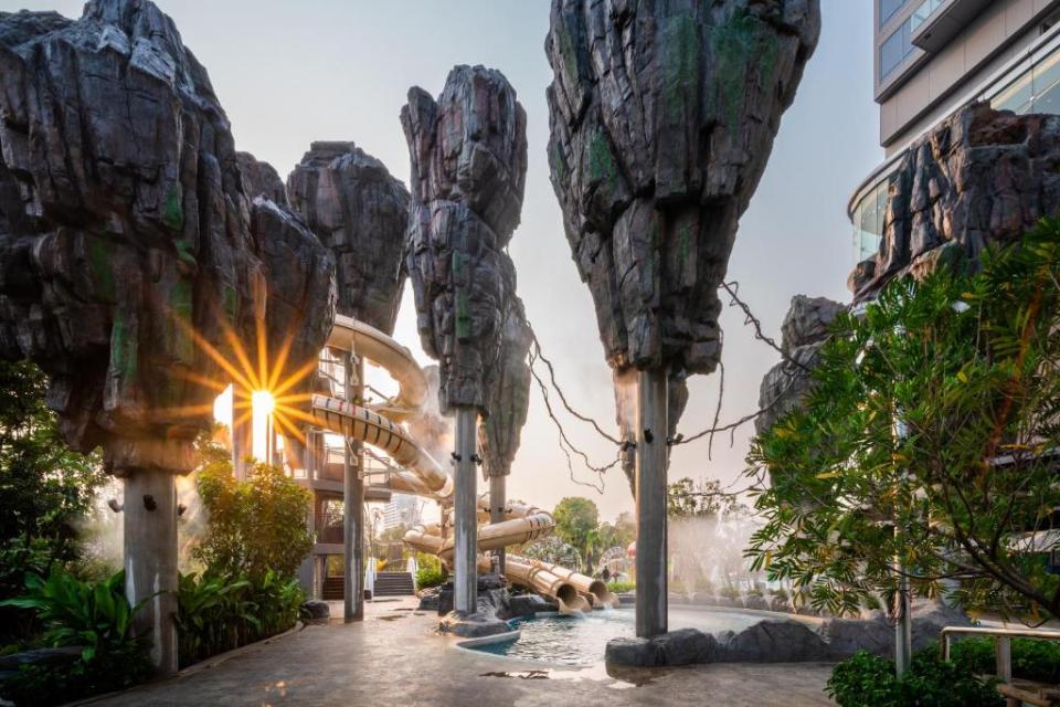 The water park has lazy rivers and water slides too
