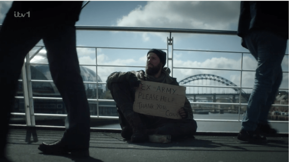 In the episode Conn was seen holding a card with "Ex Army. Please Help" written on it as he stood on the Millennium bridge - but shortly got killed off