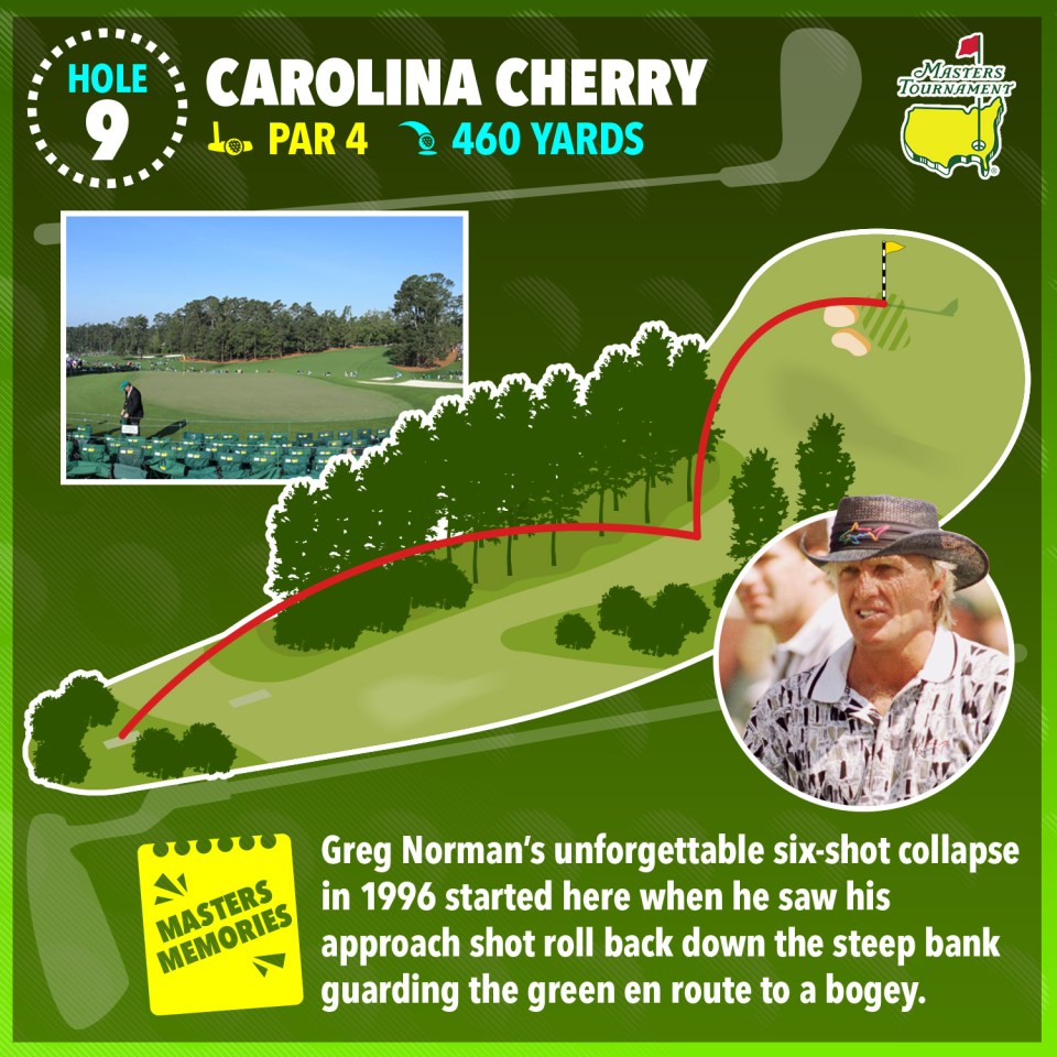 Illustration of hole 9 at the Masters Tournament, Carolina Cherry, showing Greg Norman's 1996 collapse.