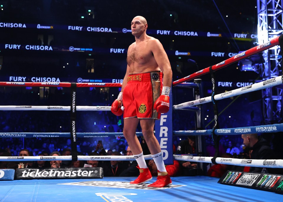 LONDON, ENGLAND - DECEMBER 03: Tyson Fury inside the ring before his WBC heavyweight championship fight with Derek Chisora, at Tottenham Hotspur Stadium on December 03, 2022 in London, England. (Photo by Mikey Williams/Top Rank Inc via Getty Images)