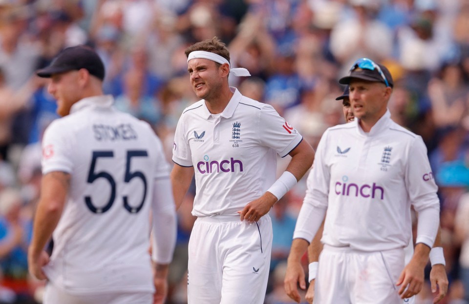 England’s Stuart Broad reacts after bowling out Australia’s Usman Khawaja with a no ball