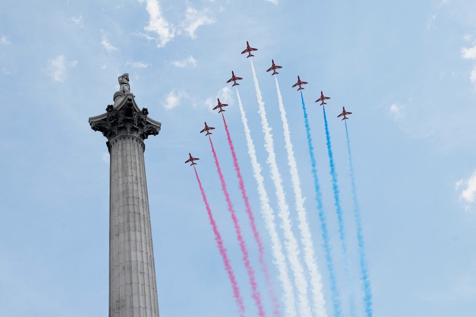 The Red Arrows will shoot through the skies above thirteen counties tomorrow for a massive flypast