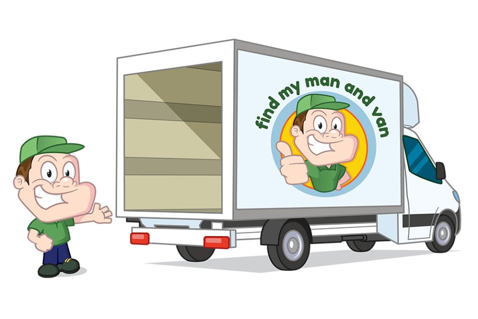Illustration of a man and van for hire.