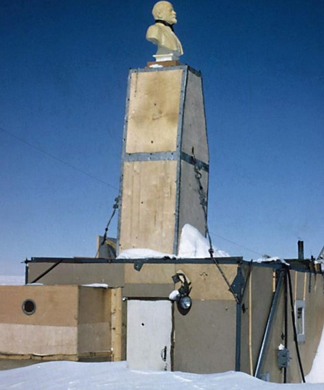 The Soviet research station with a Bust of Lenin sitting on top before the bottom three quarters were entirely buried beneath the ice and snow