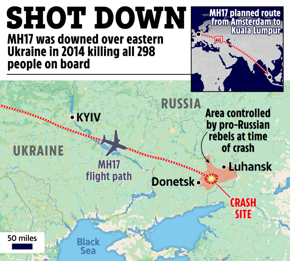 Map showing the flight path of MH17 and the crash site in eastern Ukraine.