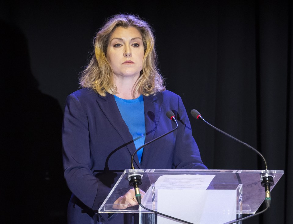 a woman in a blue jacket stands at a podium with two microphones