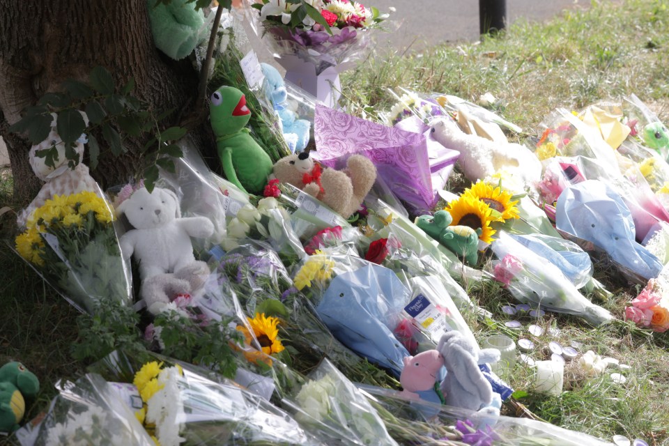 a bunch of stuffed animals and flowers in front of a tree