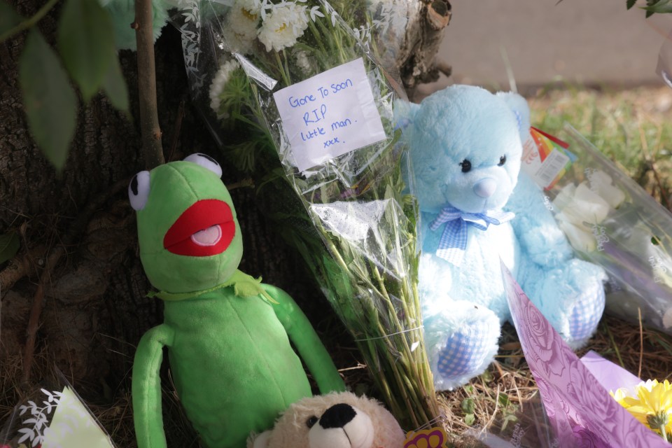 kermit the frog sits next to a note that says " gone to soon rip little man "