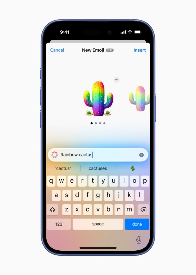 a phone with a rainbow cactus emoji on it