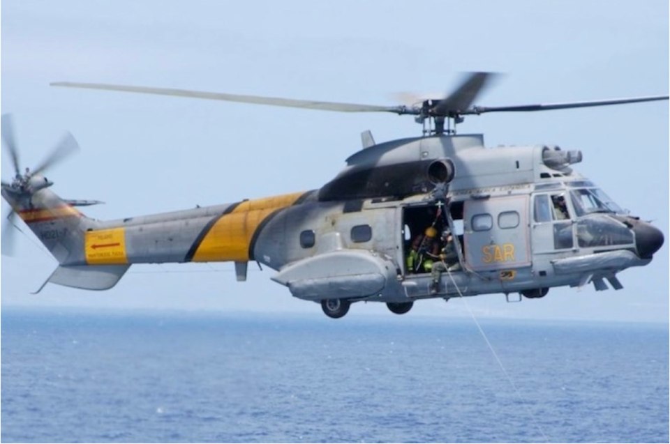 a gray and yellow helicopter with the letters sir on the side