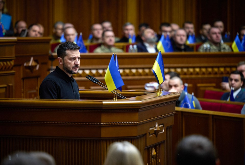 a man is giving a speech in front of a podium with flags on it