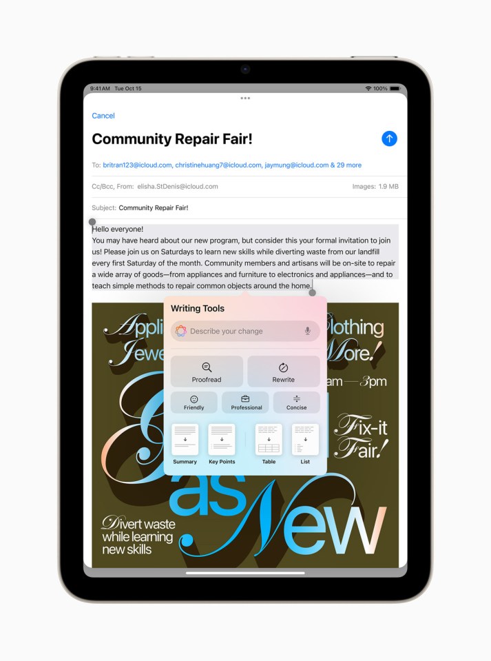 a tablet is open to a community repair fair advertisement