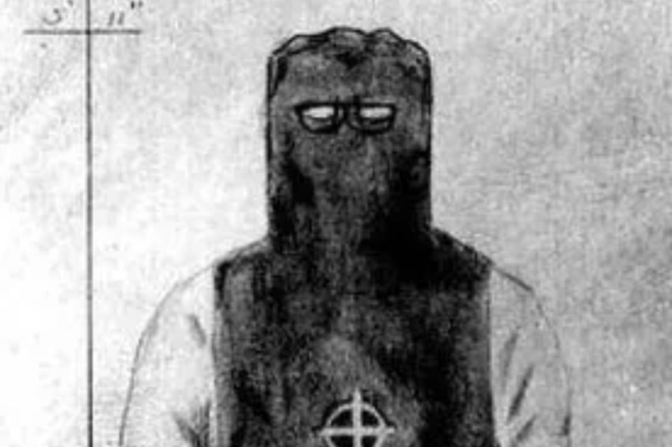 a black and white drawing of a man wearing a mask and glasses .
