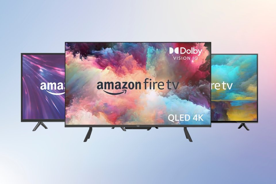 three amazon fire tvs are lined up on a blue background