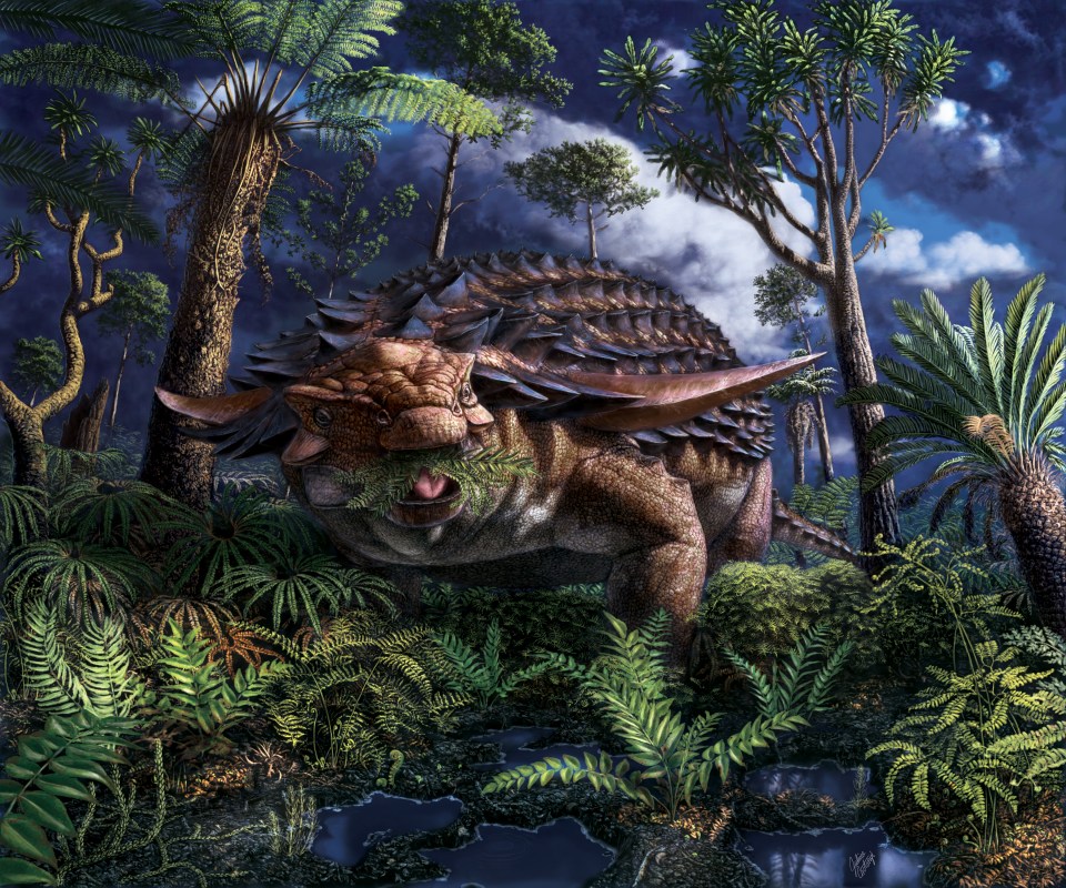 a painting of a dinosaur surrounded by ferns and trees