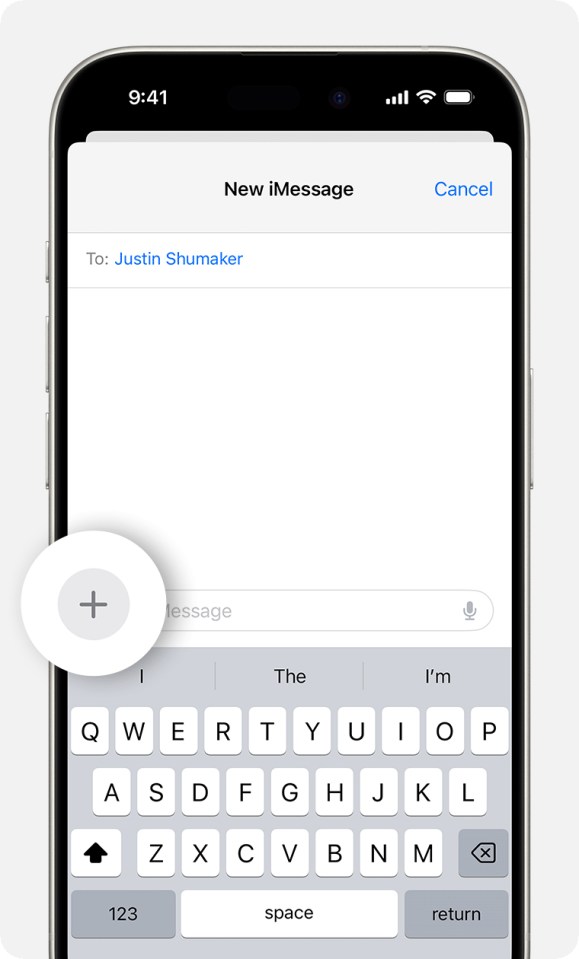 a phone screen shows a new imessage being sent to justin shumaker