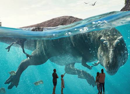a group of people are looking at a t-rex swimming in the water .