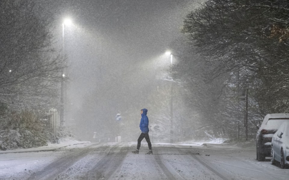 a person in a blue jacket is crossing a snowy street