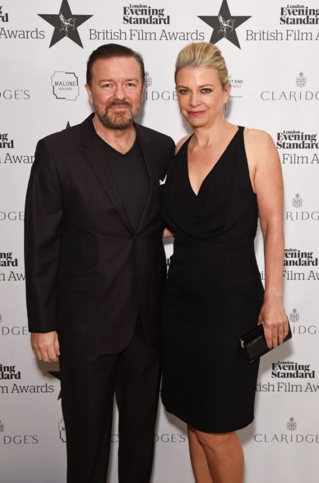 Ricky Gervais and Jane Fallon at the London Evening Standard British Film Awards.