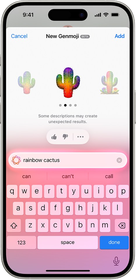 iPhone screen showing the creation of a rainbow cactus Genmoji.