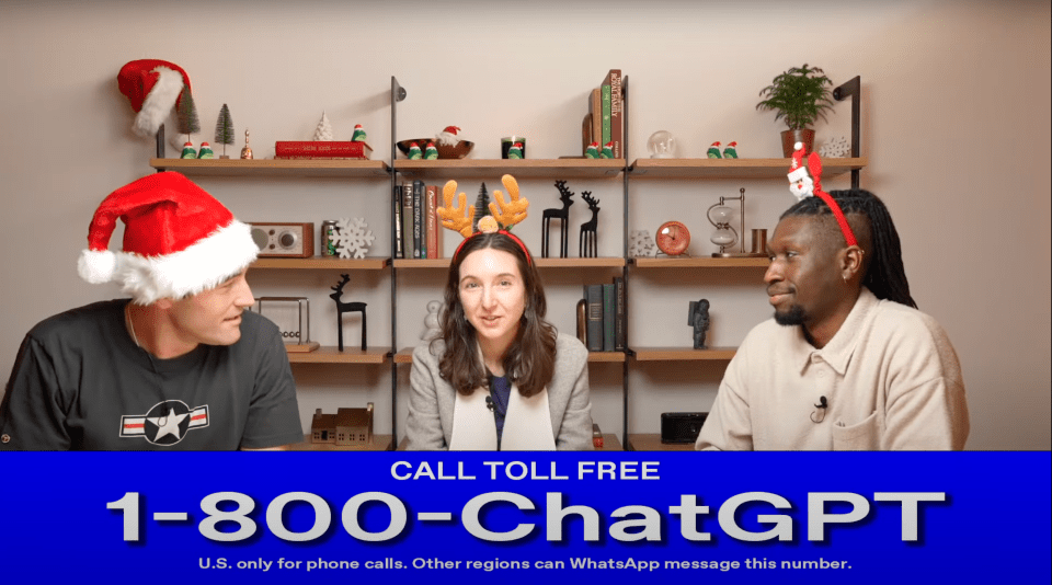 Three people wearing Santa hats and reindeer antlers, promoting the toll-free number 1-800-ChatGPT.