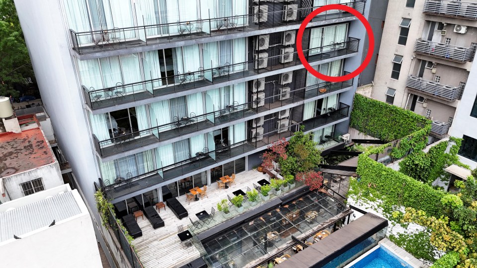 Drone view of a hotel where Liam Payne died after falling from a balcony.