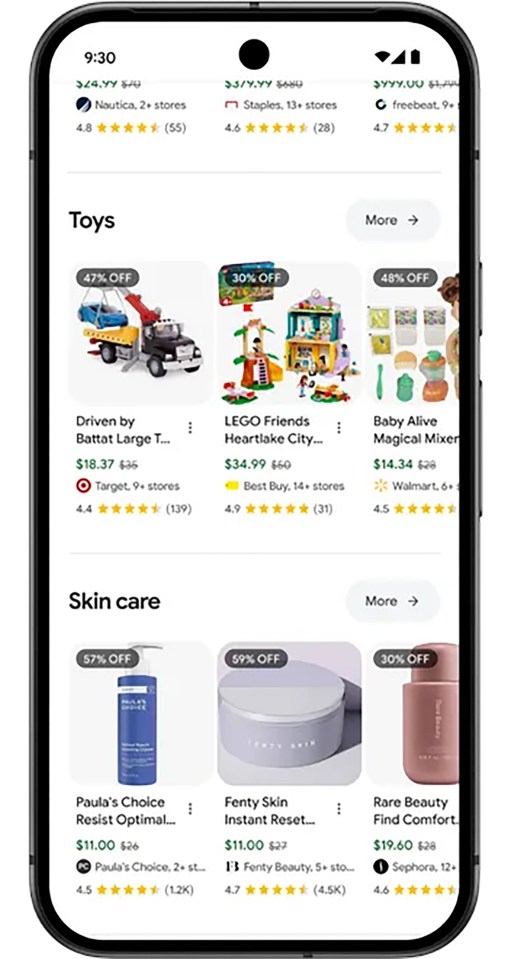 Google Shopping app showing toys and skincare products with discounts and retailer information.