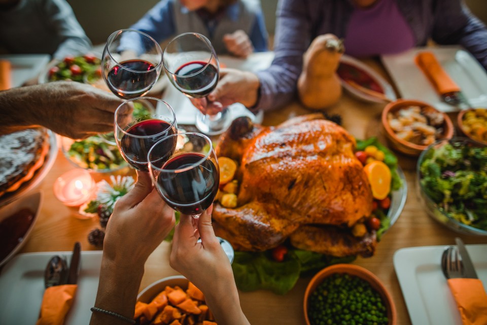 People toasting wine at a Thanksgiving dinner.