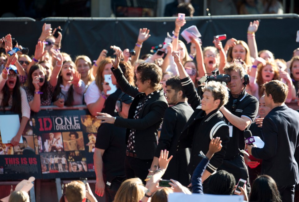 One Direction at a film premiere, greeted by enthusiastic fans.