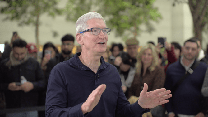 Tim Cook speaking to a crowd.